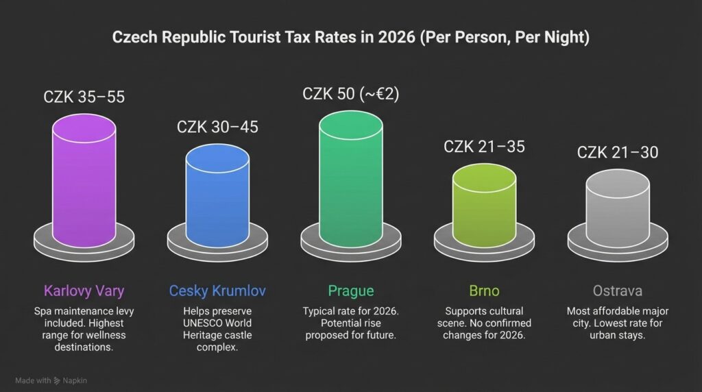 Czech Republic Tourist Tax rates in 2026 (per person, per night)