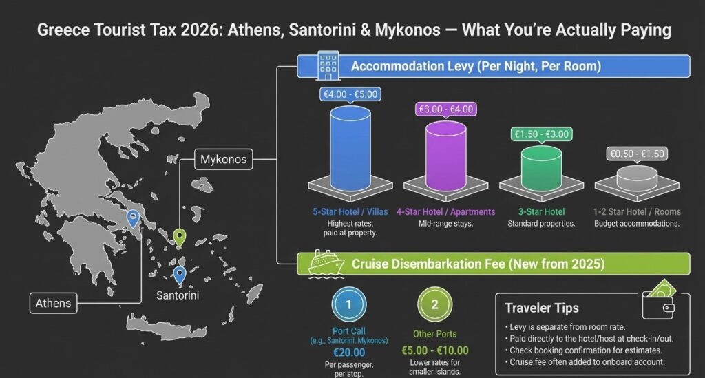 Tourist Tax in Greece 2026 | Athens, Santorini & Mykonos: what you're actually paying