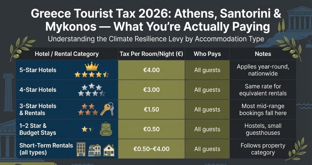 Tourist Tax in Greece 2026 | Athens, Santorini & Mykonos: what you're actually paying